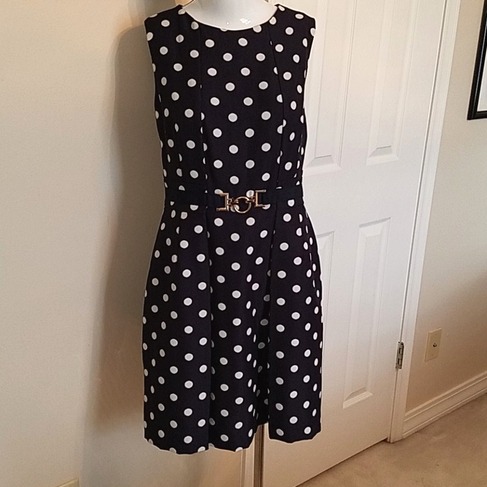 8P Tahari Levine Studio Navy Polka Dot Dress
